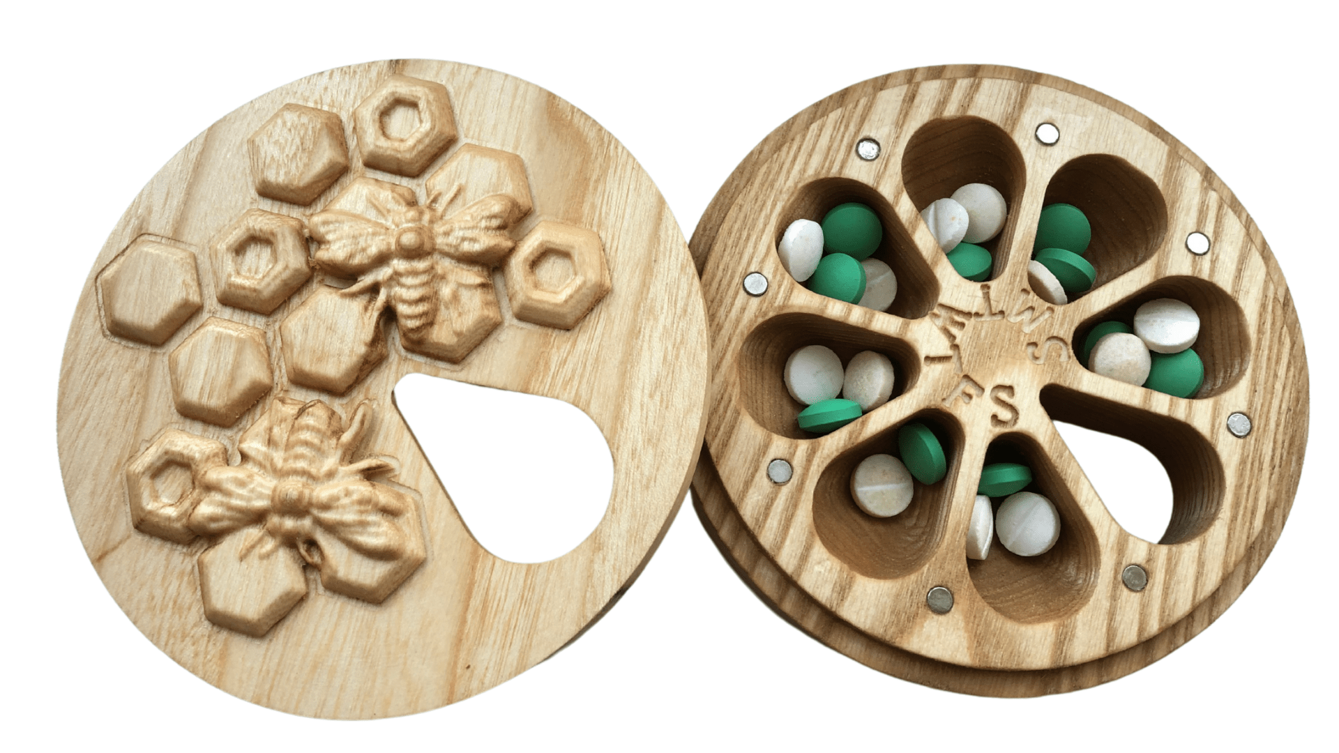 JTNlab PILLBOX ROUND WOODEN PILL BOX - 3D HONEYCOMB vs BEES